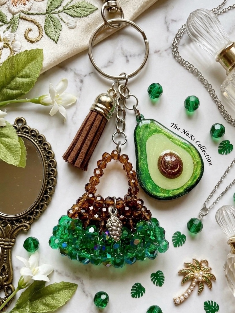 Handmade Green Avocado & Beaded Tassel Keychain